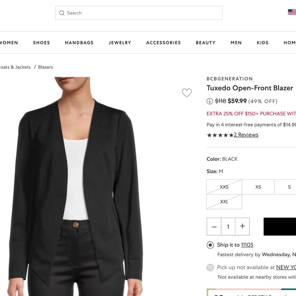 BCBGeneration Tuxedo Open-Front Blazer | Women's | Size M | Color Black